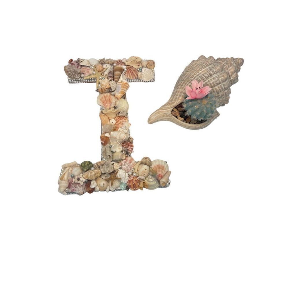 Handmade seashell letter I with a shell planter